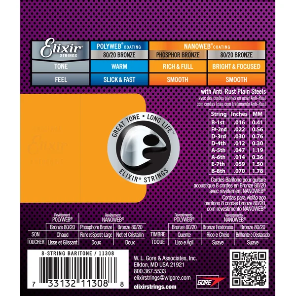 11308 8-String Nanoweb 80/20 Bronze Acoustic Guitar Strings 16-70 - jeu de 8 cordes