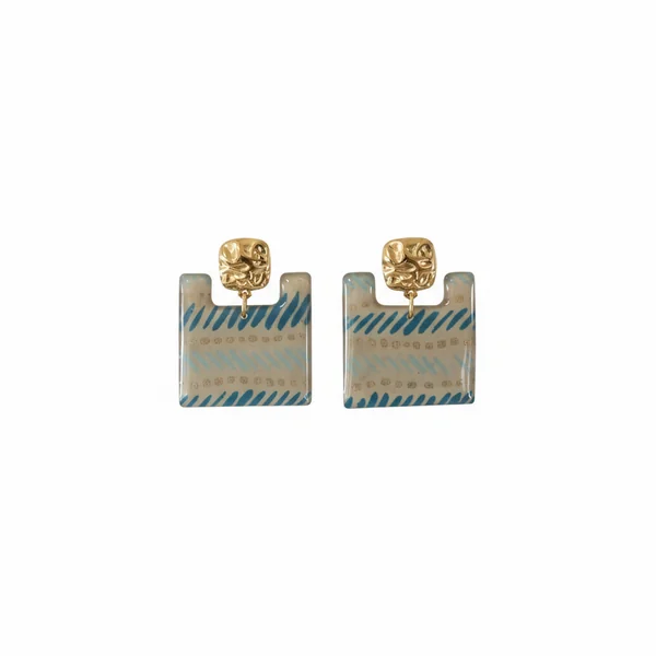 Bleu Azur & Or — boucles carrées évidées · rayures & pointillés dorés · clous martelés · fait main France 🇫🇷