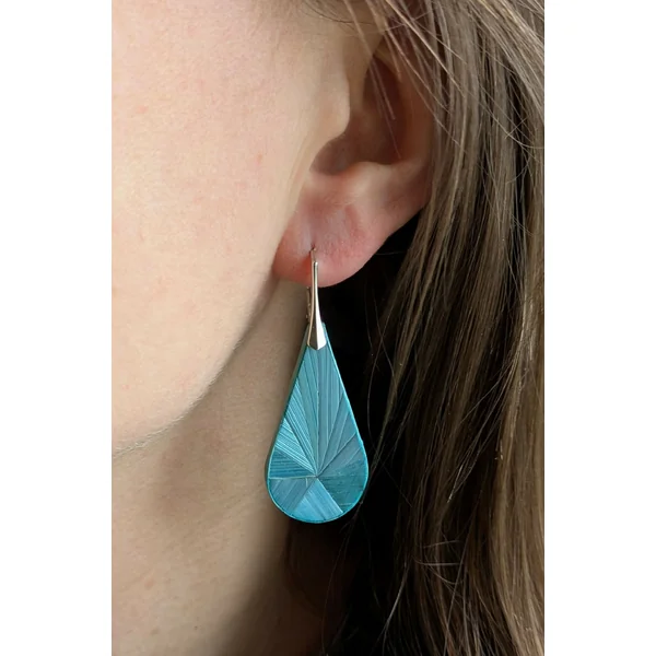 Boucles d'oreilles Gouttes avec marqueterie de paille Turquoise - crochets argent