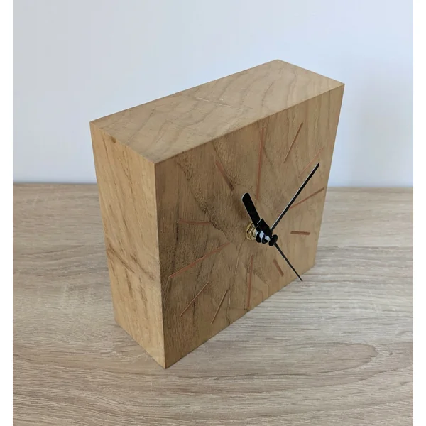 Horloge de bureau Carrée en chêne massif et Marqueterie de paille Cuivre