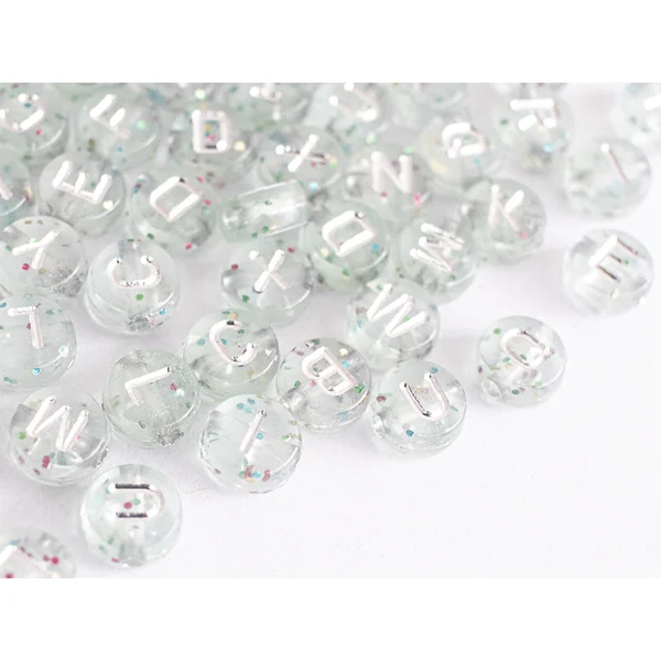 Lot de 200 perles rondes à paillettes - Lettres alphabet argentés