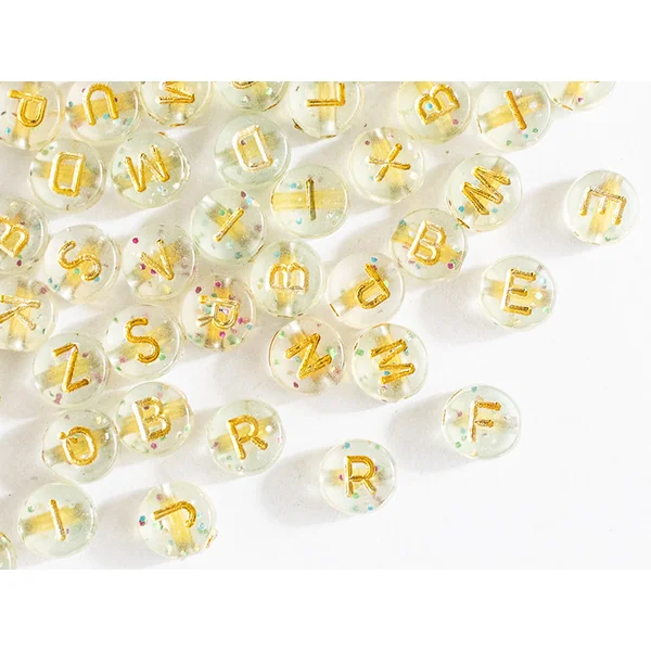 Lot de 200 perles rondes à paillettes - Lettres alphabet dorées
