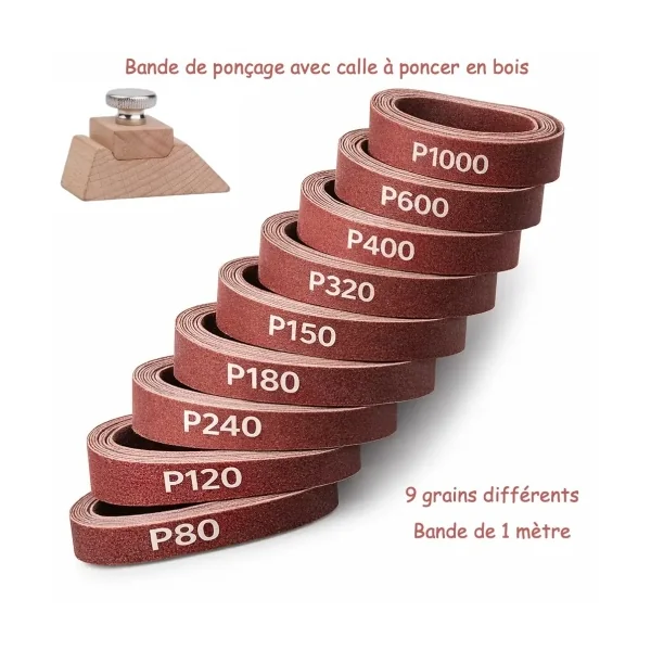 Lot de bandes de ponçage P80 à P1000 avec cale en bois