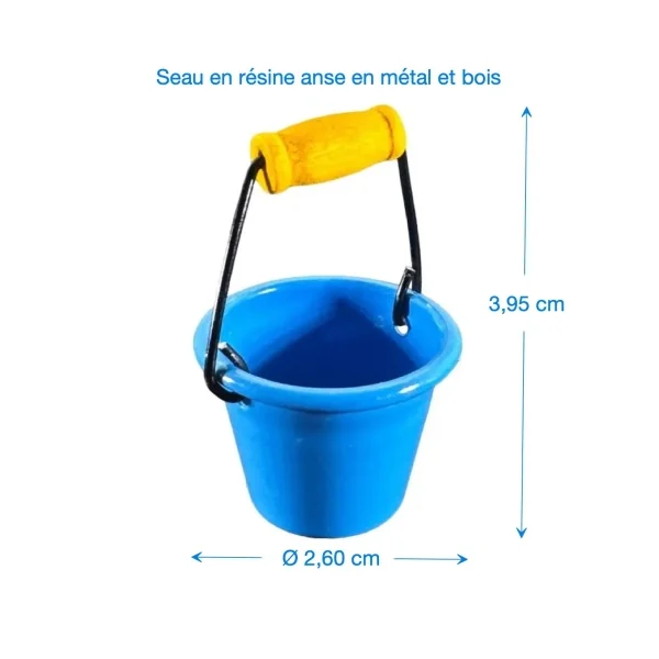 Seau de ménage bleu avec anse métal et poignée bois