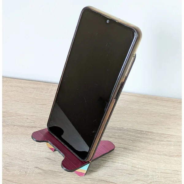 Support téléphone avec marqueterie de paille Bordeaux turquoise et dorée