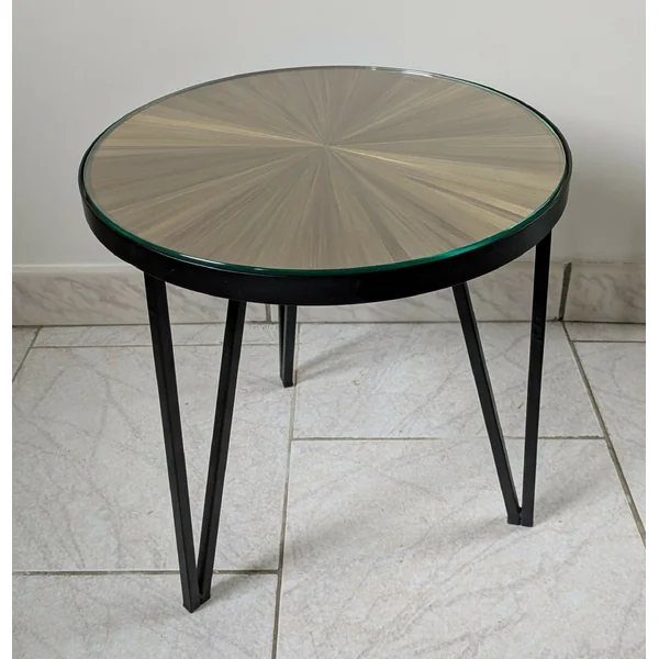 Table d'appoint pieds métal et plateaux avec marqueterie de Paille dorée