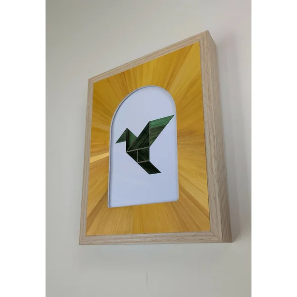 Tableau "L'oiseau en Cage", série Tangram, avec Marqueterie de Paille Verte et Jaune